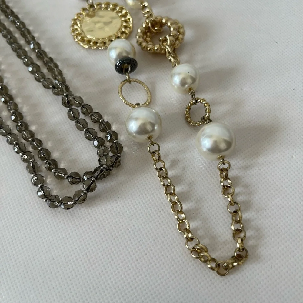 Chico’s Chunky Statement Necklace Silver Pearl Gold Tone Long Strand Set of 3